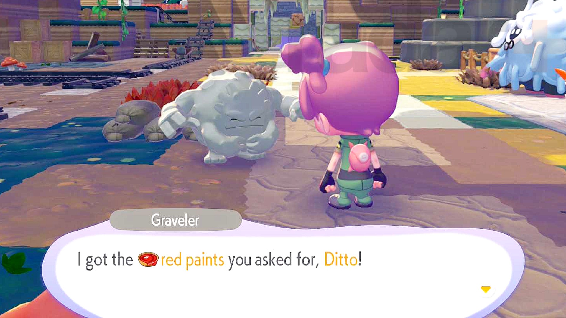 A Graveler hands over some red paint to the player after using the Pokopia crush specialty.