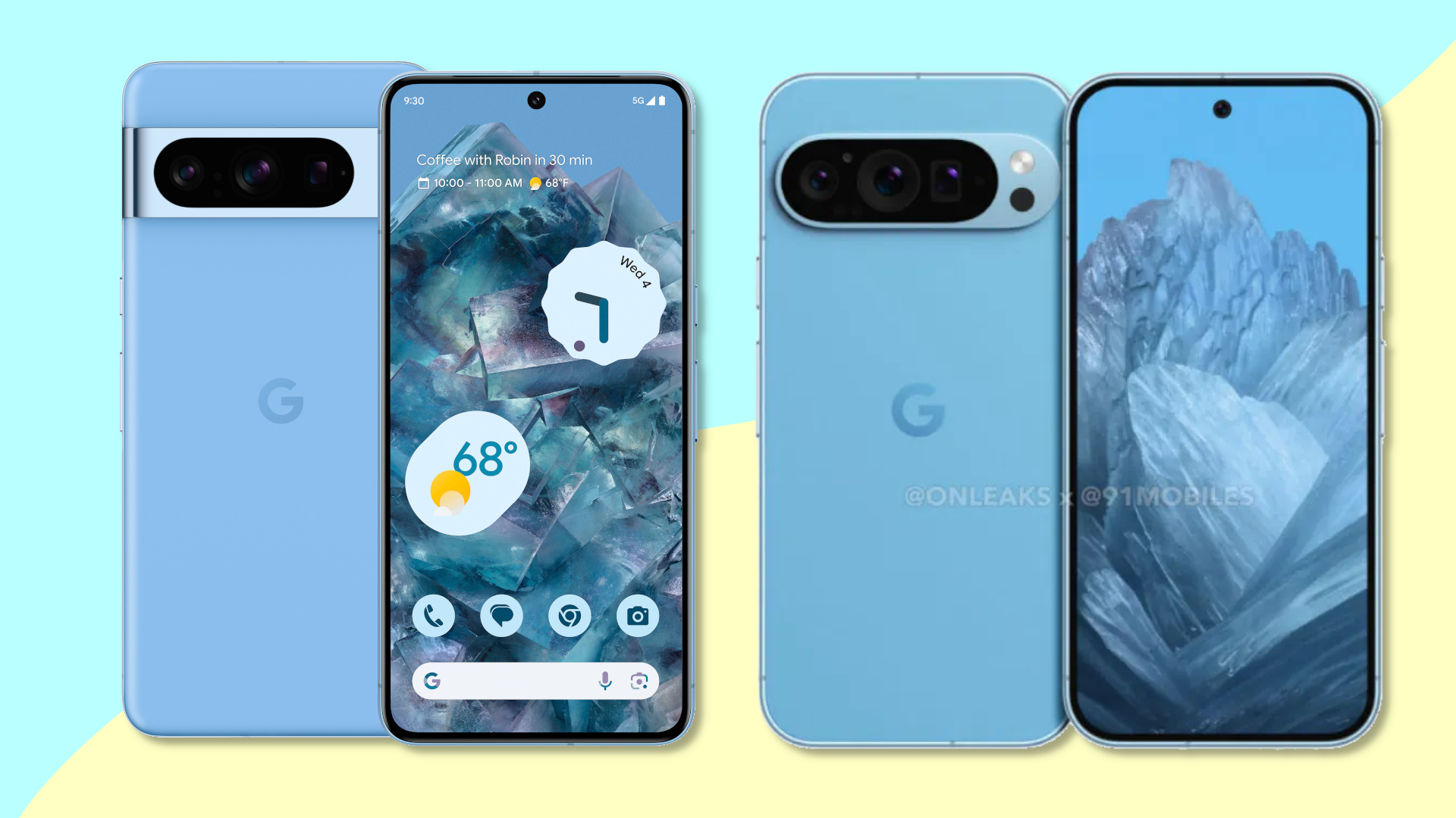 Image of the Google Pixel 8 Android smartphone next to a render of the Google Pixel 9 Android smartphone based on leaked information
