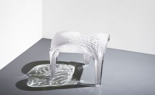 Hadid has taken the rippling water effect to form three matching stools which use the same acrylic in the illusion