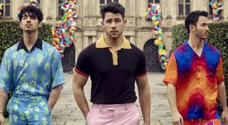 The Jonas Brothers walking past some hedges in the Sucker music video.