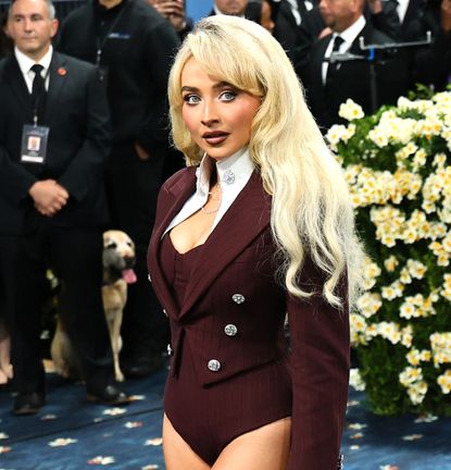 Sabrina Carpenter in a tailored bodysuit on the Met Gala 2025 red carpet