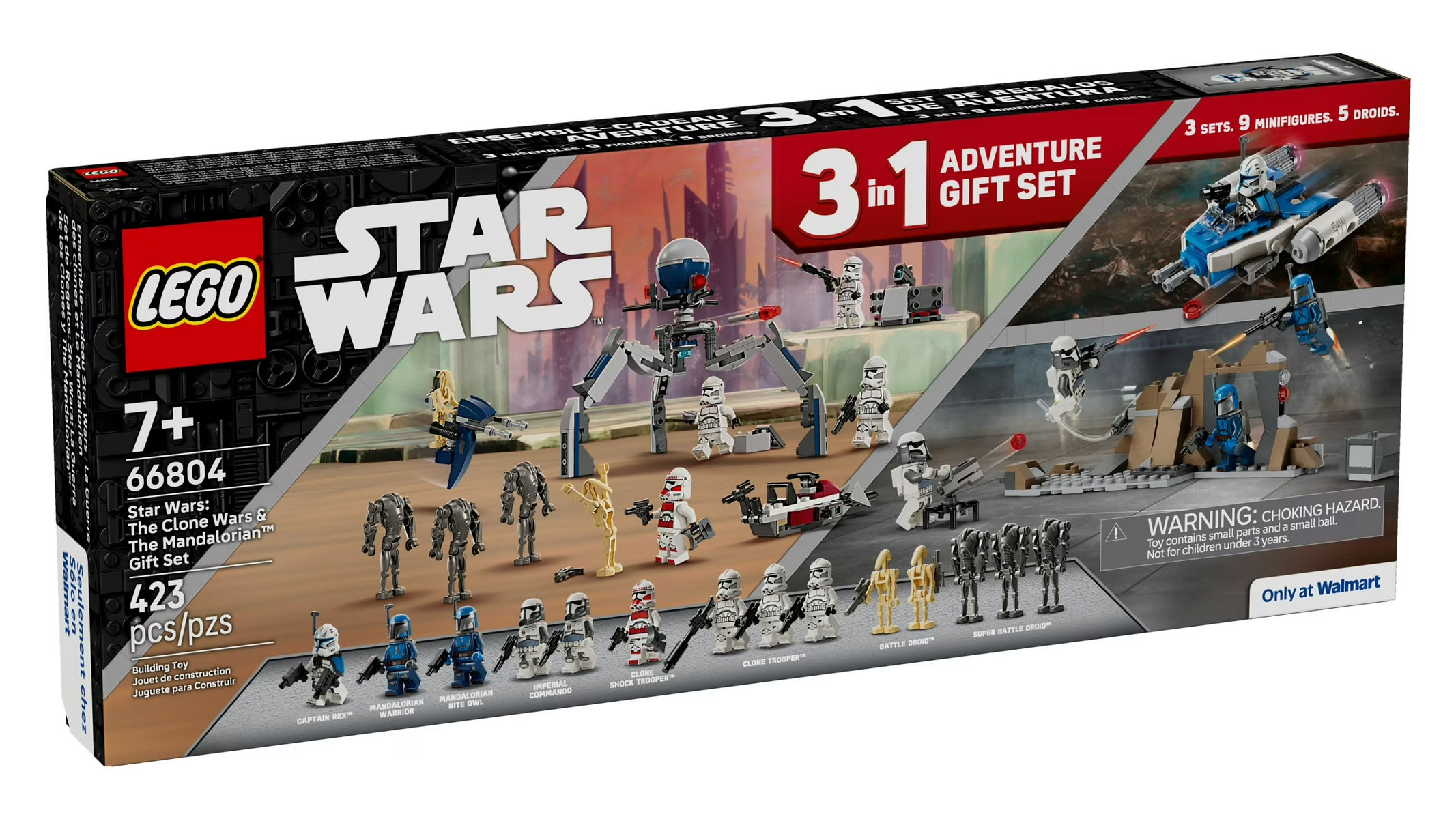 A colorful box showing figures of brick-built robots and other figures with some toy guns firing lasers and key information displayed on the front.