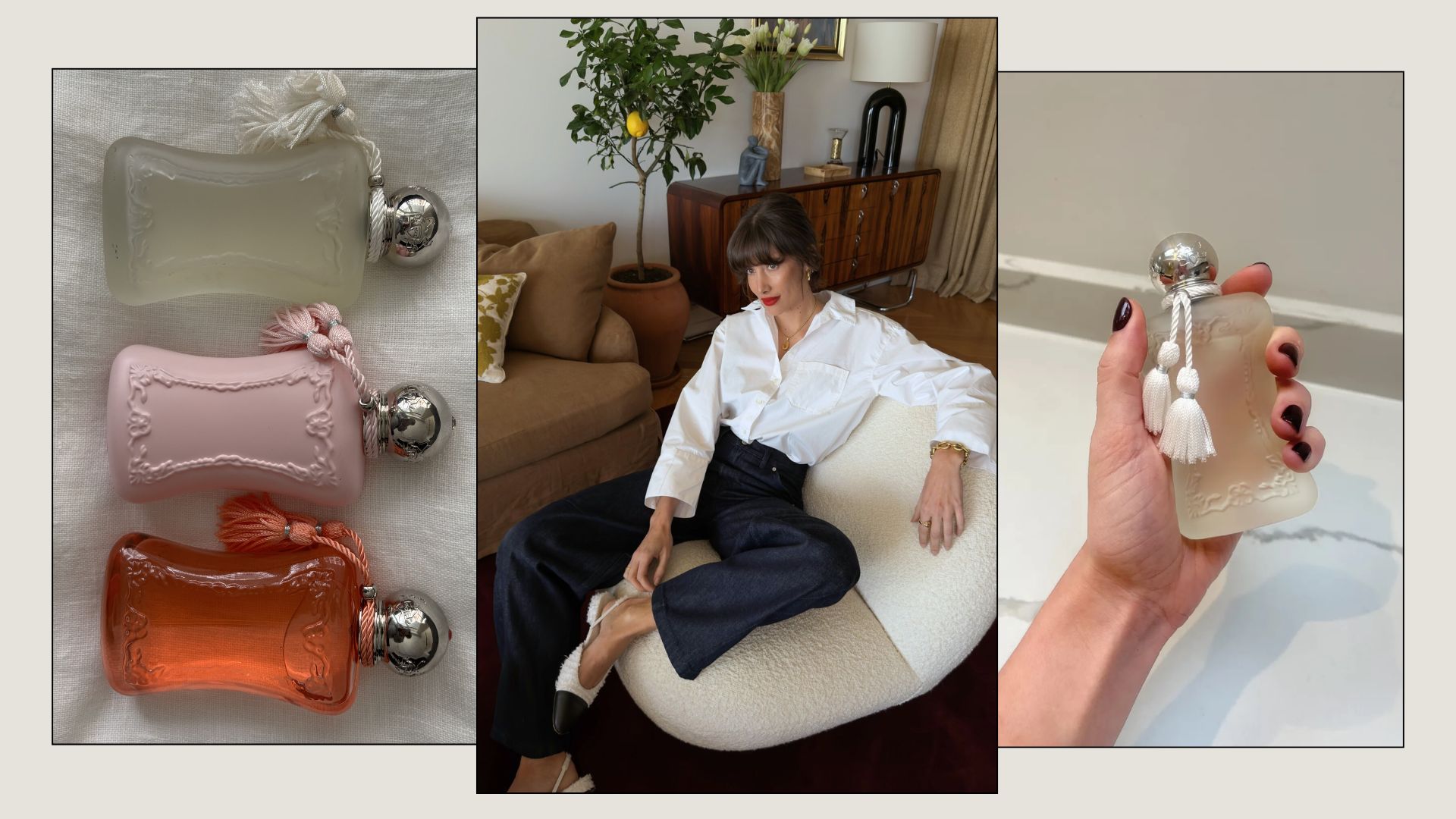 A collage featuring French influencer Julie Sergent Ferreri and two pictures of Parfums de Marly perfumes