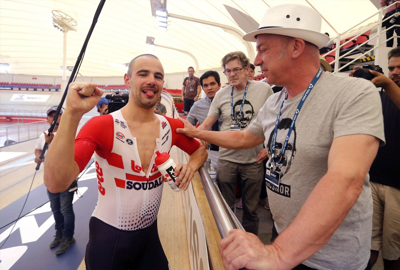 A delighted Victor Campenaerts celebrates breaking the Hour Record