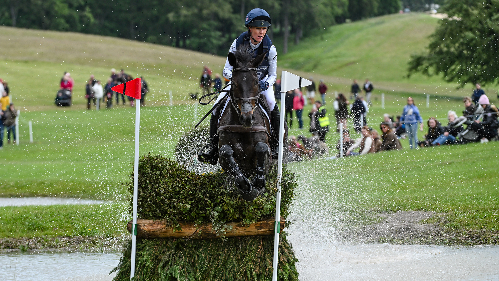 Yasmin Ingham and Gypsie Du Loir jump a cross-country fence in water at Bramham Horse Trials 2026.