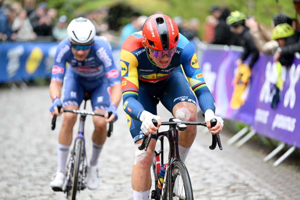 OUDENAARDE BELGIUM MARCH 31 LR Gianni Vermeersch of Belgium and Team Alpecin Deceuninck and Mads Pedersen of Denmark and Team Lidl Trek compete in the breakaway during the 108th Ronde van Vlaanderen Tour des Flandres 2024 Mens Elite a 2708km one day race from Antwerpen to Oudenaarde UCIWT on March 31 2024 in Oudenaarde Belgium Photo by Dario BelingheriGetty Images