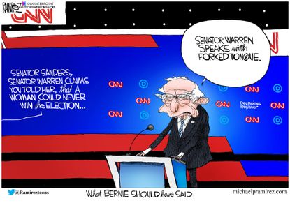 Political Cartoon U.S. Bernie Sanders Elizabeth Warren CNN democratic debate duplicity