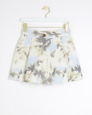 River Island, Blue High Waisted Floral Shorts