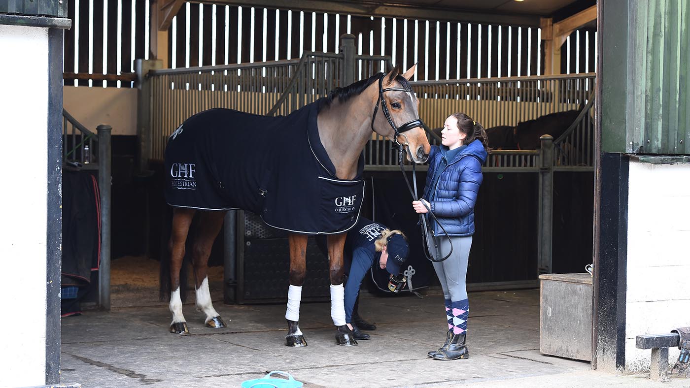 Emilia John's Powell with Kogola (Bay mare) at GHF Equestrian yard at Great House Farm near Usk in Monmouthshire in Wales on the 10th January 2021