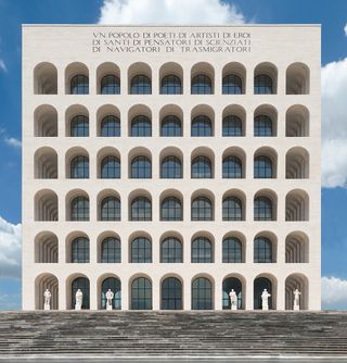 Rome’s Palazzo dell a Civilta Italianà 's exterior which includes Three-metre high statues