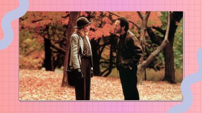 80s Movies: Meg Ryan and Billy Crystal in a still from When Harry Met Sally / in a pink and orange retro background