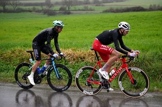 Dries De Bondt and Andrea Pietrobon riding on stage three of 2025 Tirreno-Adriatico