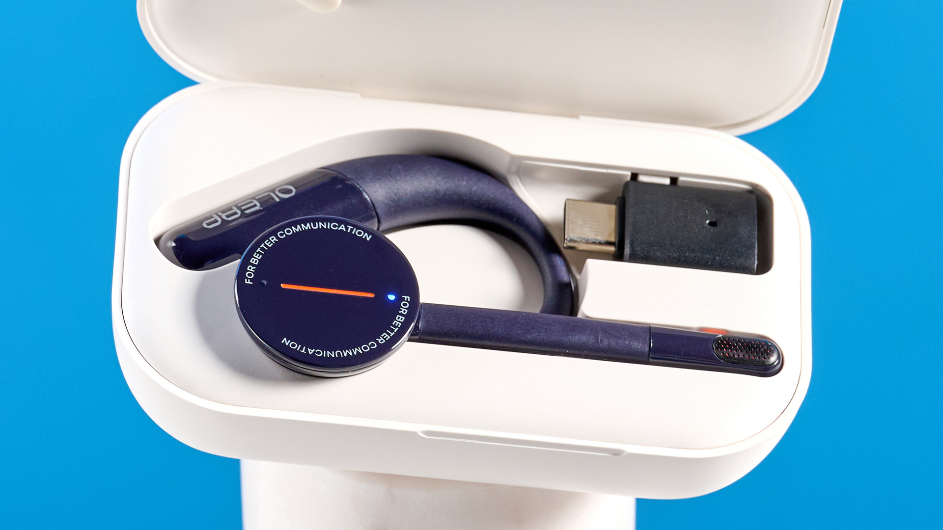 Oleap Archer AI Meeting Headset photographed in front of a blue background.