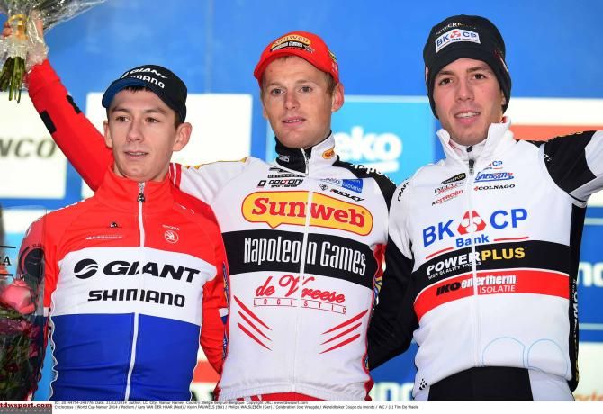 Kevin Pauwels (Sunweb-Napoleon Games) flanked by Lars van der Haar and Philipp Walsleben on the podium in Namur.