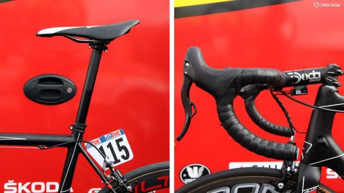 Adam Hansen (Lotto-Belisol) runs his saddle slammed forward (on a blacked-out Thomson seatpost) and lots of bar drop for a hyper-aggressive position