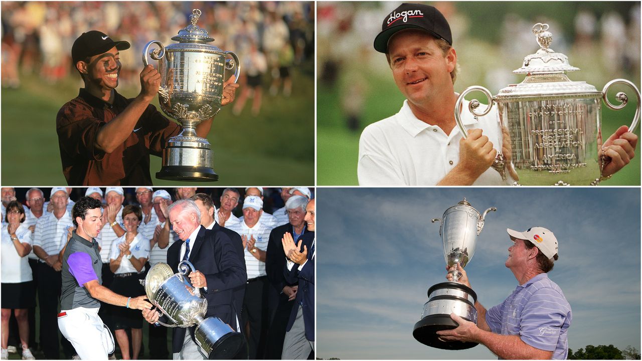 Four-image photo of Tiger Woods (top left), Mark Brooks (top right), Rory McIlroy (bottom left), and Tom Watson (bottom right) all winning at Valhalla Golf Club