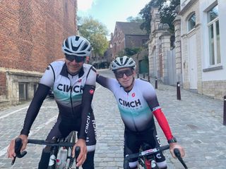 Cinch Cycling teammates Jim Everett (left) and David Snitman of the US stop at the base of the Ramberg climb during recon