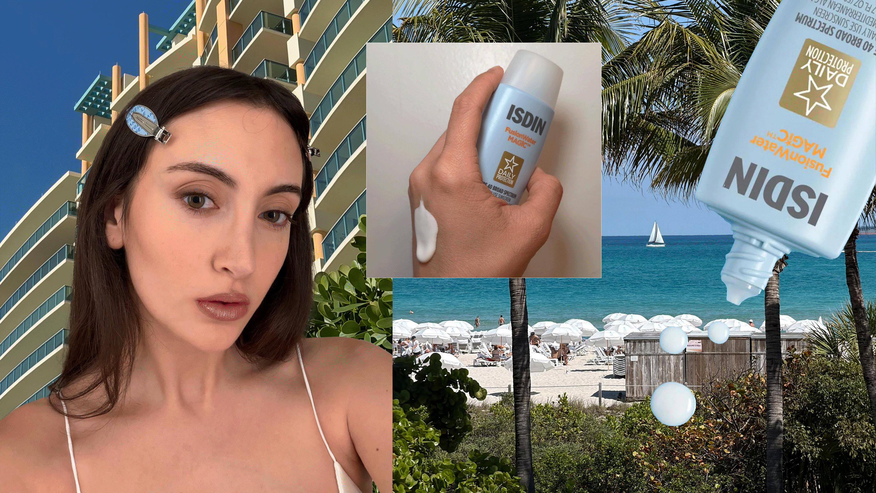 A collage of images and videos taken by Who What Wear associate beauty editor Alyssa Brascia wearing and showing the Isdin Fusion Water Magic sunscreen.