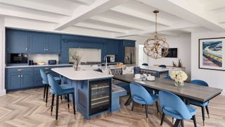 blue kitchen diner with focal point ceiling