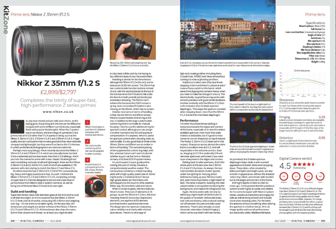 Image showing the Nikkor Z 35mm f/1.2 lens review, in issue 296 (July 2025) of Digital Camera magazine