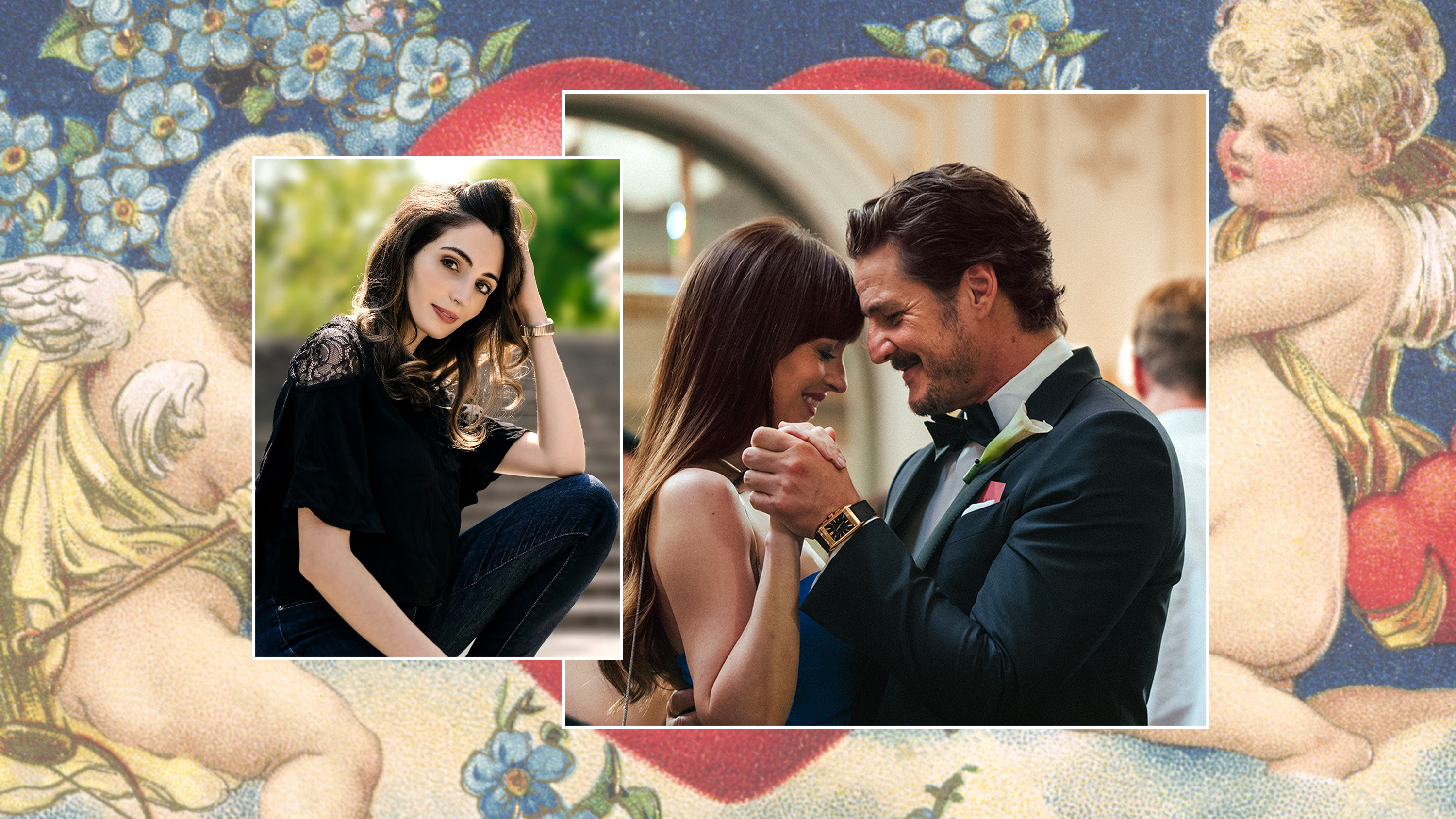 matchmaker liana bell and a still from the a24 movie materialists featuring dakota johnson and pedro pascal dancing together