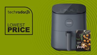 The Cosori Pro Air Fryer sits in front of a green background next to a sign saying "Lowest Price".