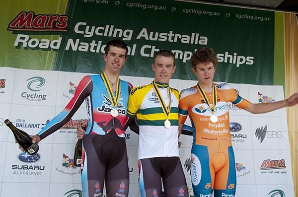 The men's under 23 podium (l-r): Damien Howson (2nd), Rohan Dennis (1st) and Campbell Flakemore (3rd).