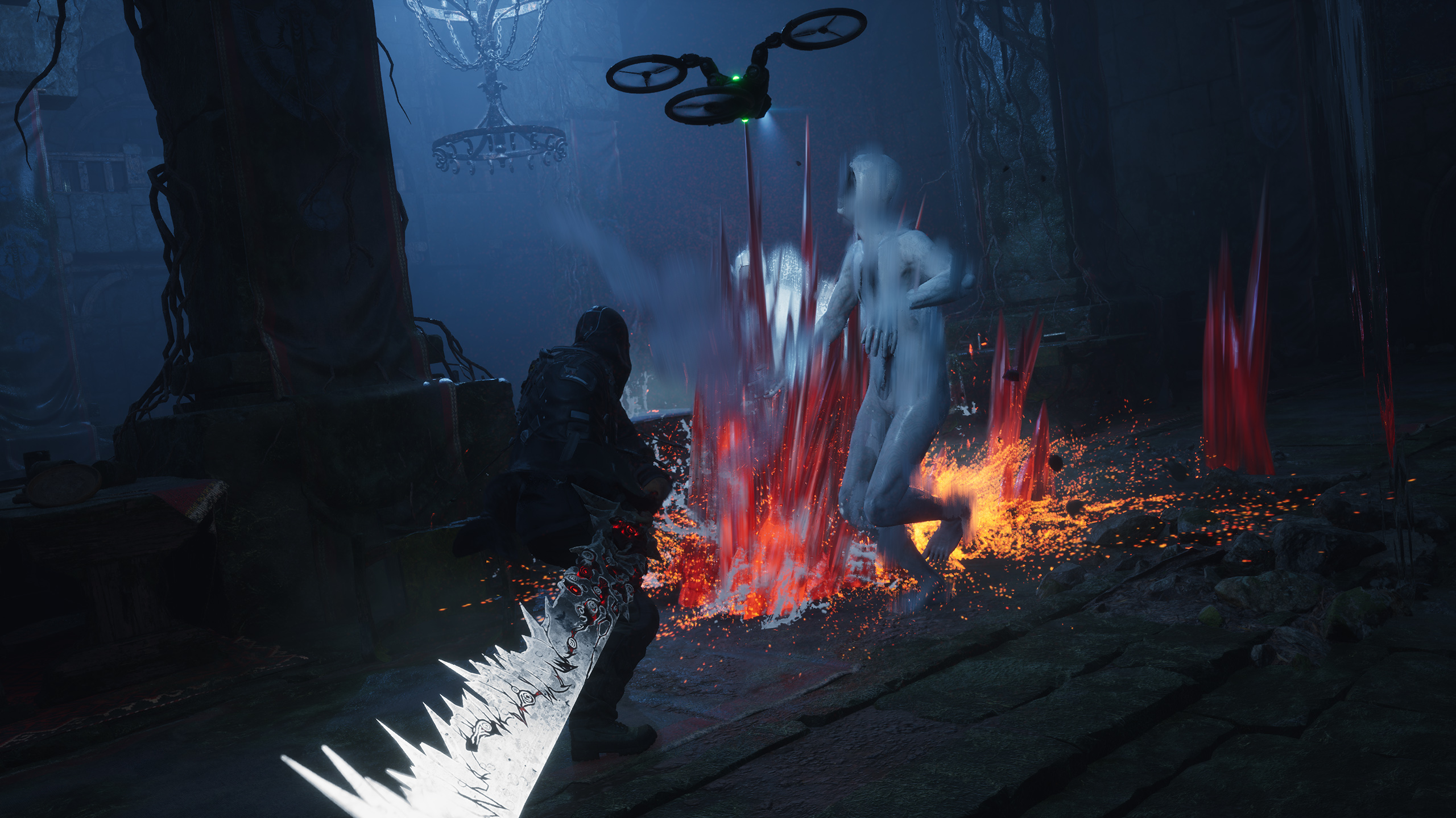 Remi's drone distracts a Hollow Walker in Hell is Us as Remi attacks with an icy great sword