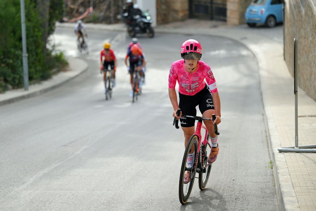 ANDRATX SPAIN JANUARY 27 Cedrine Kerbaol of France and Team EF EducationOatly attacks in the breakaway during the 2nd Challenge Femenino Ciclista Mallorca 2025 Trofeo Binissalem Puerto de Andratx a 1075km One day race from Binissalem to Port dAndratx 168m on January 27 2025 in Binissalem Spain Photo by Tim de WaeleGetty Images