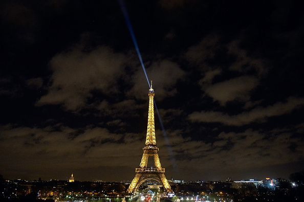 The Eiffel Tower at night.