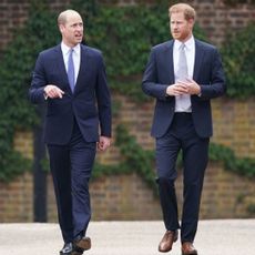 Prince Harry and Prince William walking next to each other in blue suits 