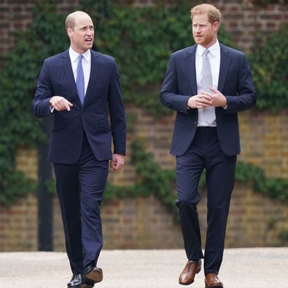 Prince Harry and Prince William walking next to each other in blue suits 