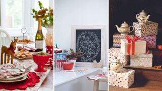 Collage of three kitchens with seasonal tableware and accessories