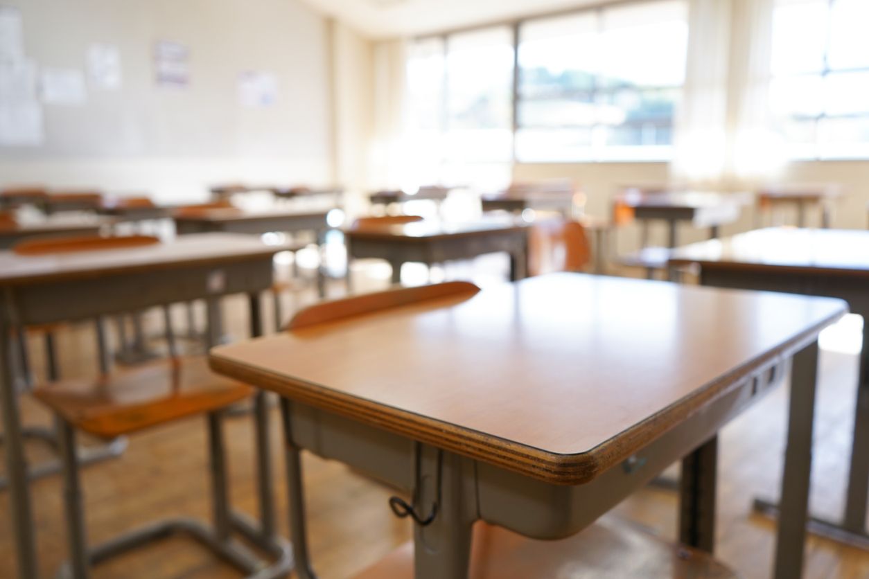 Desks in a classroom.