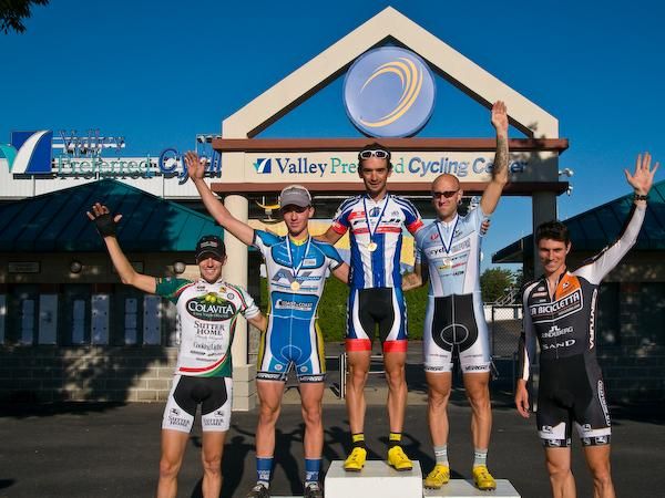 The elite men's podium, l-r,: Tyler Wrenn (Colavita Sutter Home), Luke Keough (Champion Systems), Davide Frattini (Team Fuji), Adam Myerson (Cyclesmart) and Mike Garrigan (La Bicicletta/ Jetpower).