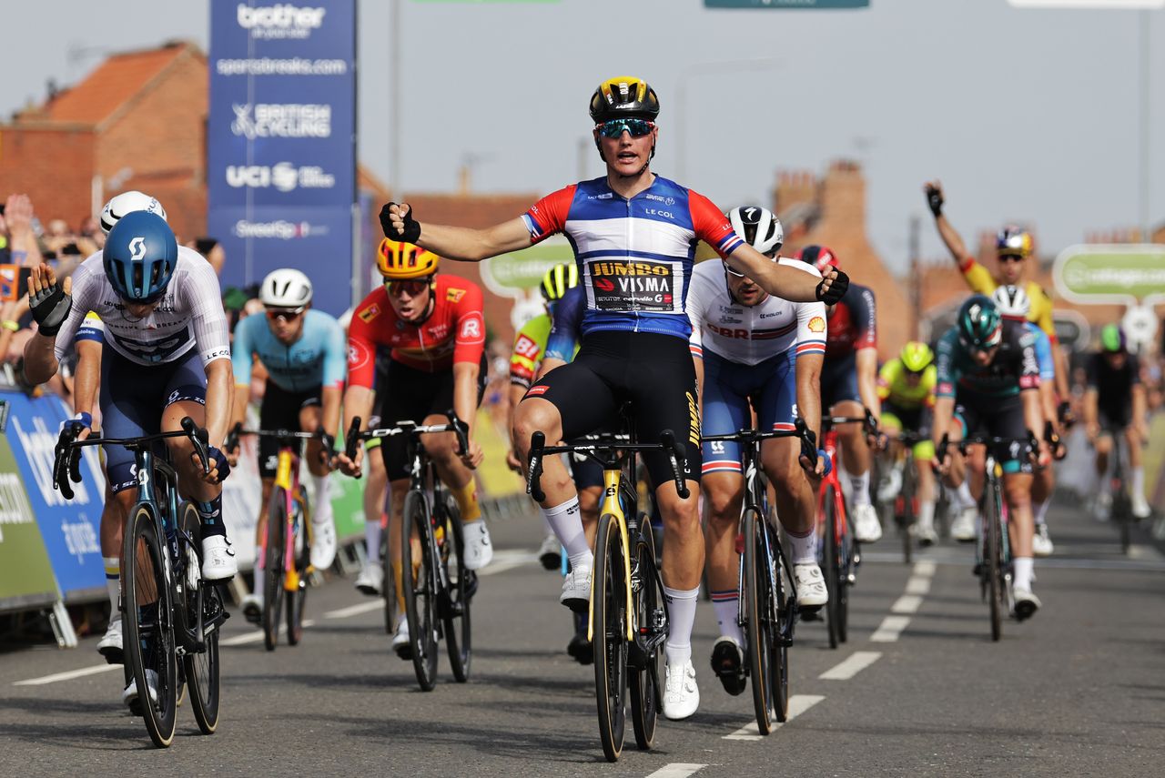Picture by Alex Whitehead/SWpix.com - 06/09/2023 - Cycling - 2023 Tour of Britain - Stage 4: Sherwood Forest to Newark-on-Trent (166.6km) - Olav Kooij of Team Jumbo Visma (Wearing the Leaders Jersey) Celebrating his fourth consecutive stage of the 2023 Tour of Britain at Stage 4 in Newark-on-Trent