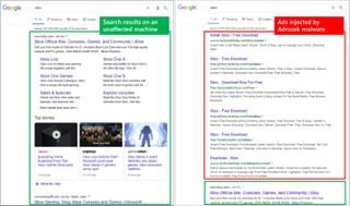 Screenshot comparison of regular search results and search results with ads injected by Adrozek malware.