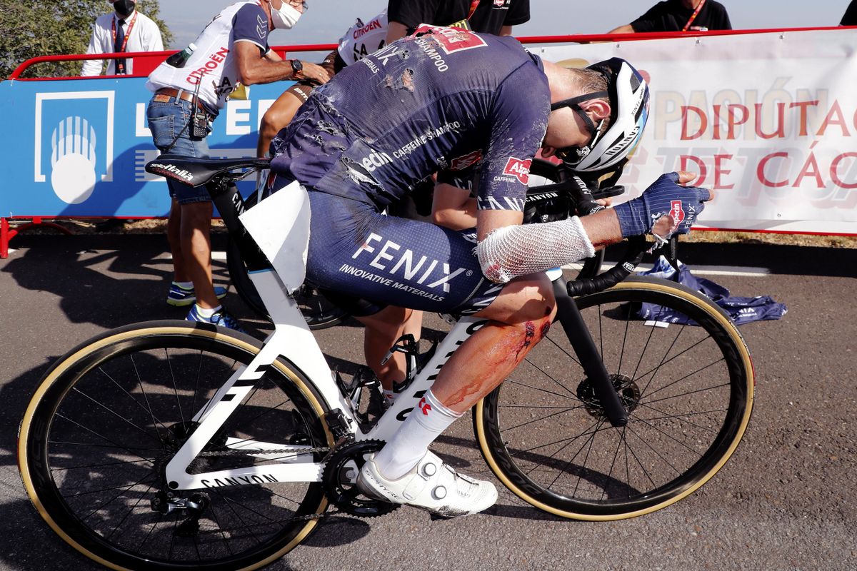 Jay Vine (Alpecin-Fenix) was shredded in a crash on stage 14 of the Vuelta a España but still finished third on the stage