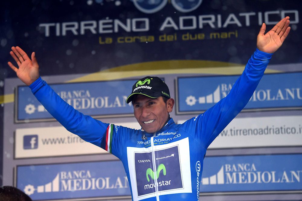 Nairo Quintana in the race leader's blue jersey.