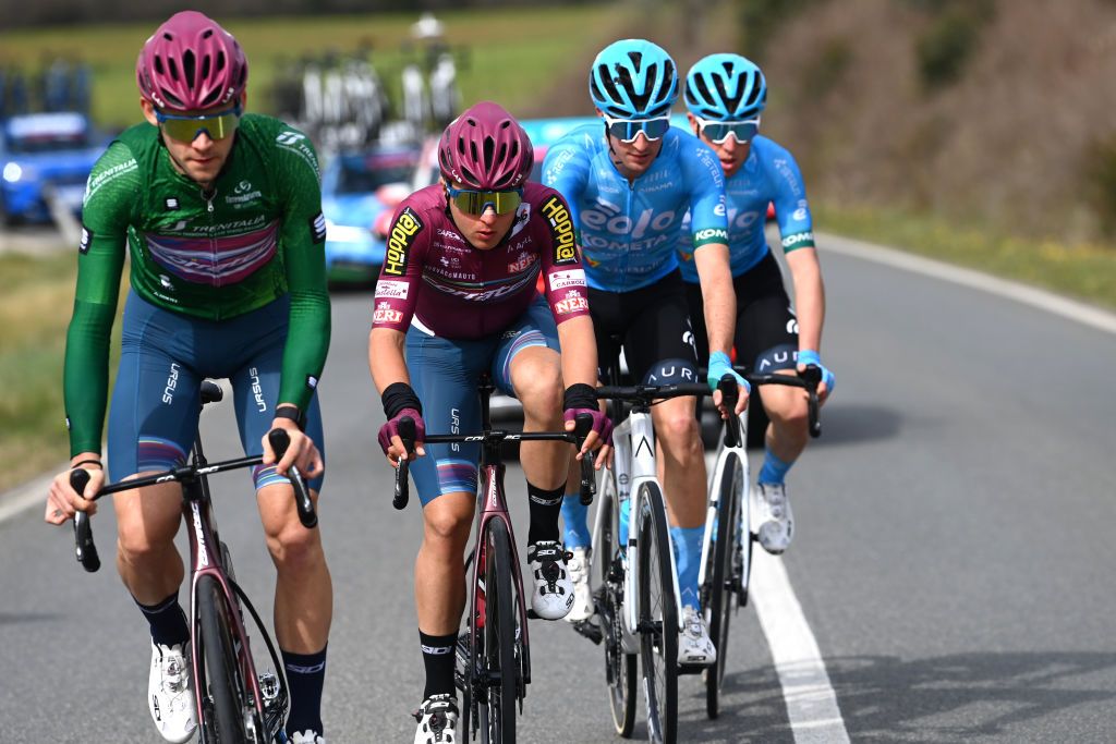 FOLIGNO ITALY MARCH 08 Stefano Gandin of Italy Green Mountain Jersey and Alessandro Iacchi of Italy and Team Corratec lead the breakaway during the 58th TirrenoAdriatico 2023 Stage 3 a 216km stage from Follonica to Foligno 231m UCIWT TirrenoAdriatico on March 08 2023 in Foligno Italy Photo by Tim de WaeleGetty Images