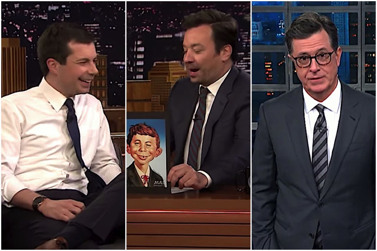 Jimmy Fallon and Pete Buttigieg, and Stephen Colbert, mock Trump