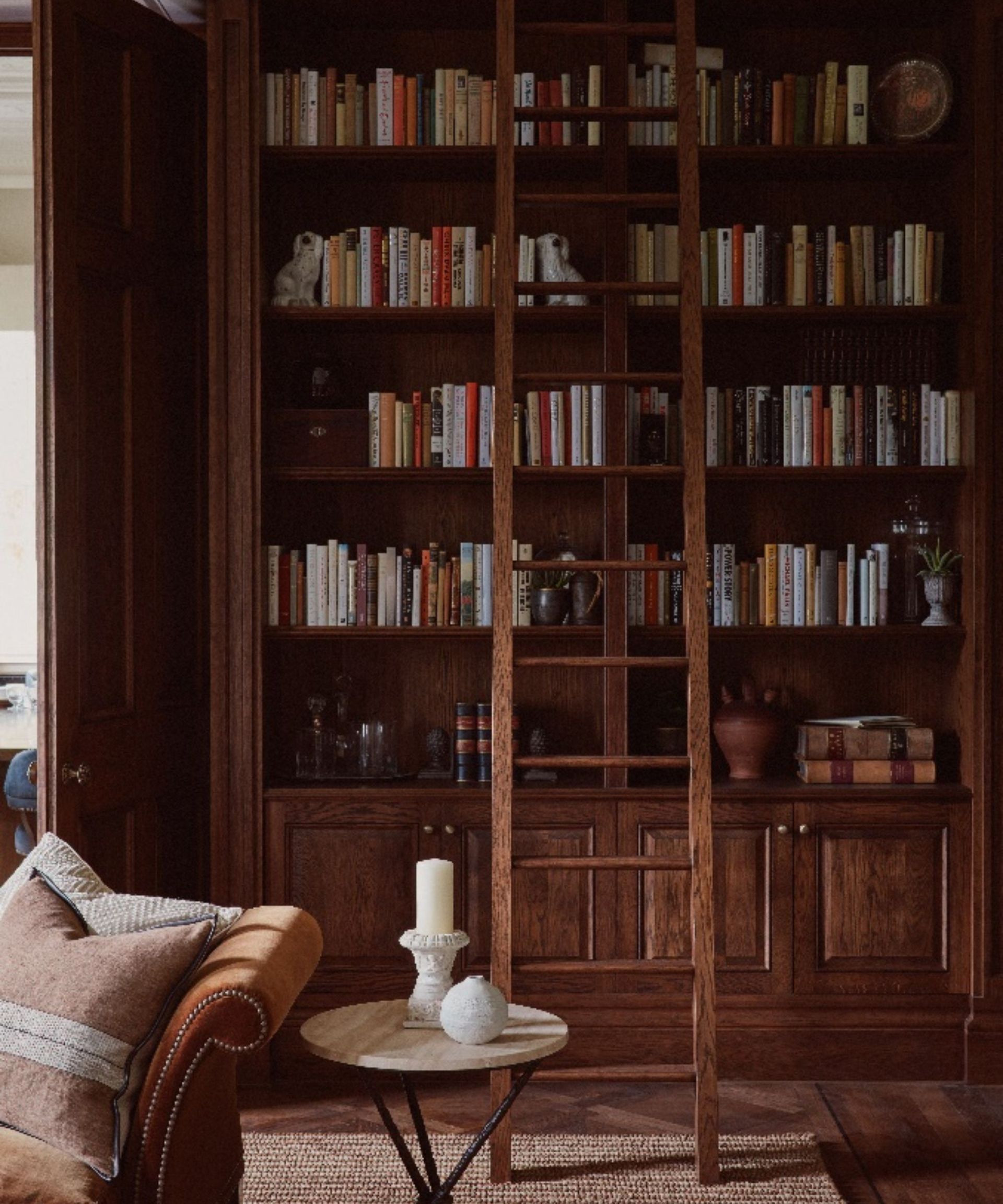 A large built-in dark wooden bookshelf with a matching ladder.