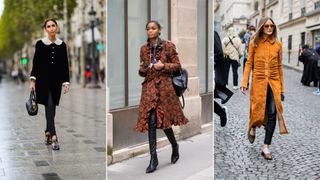 A composite of street style influencers showing how to style leather leggings with a dress