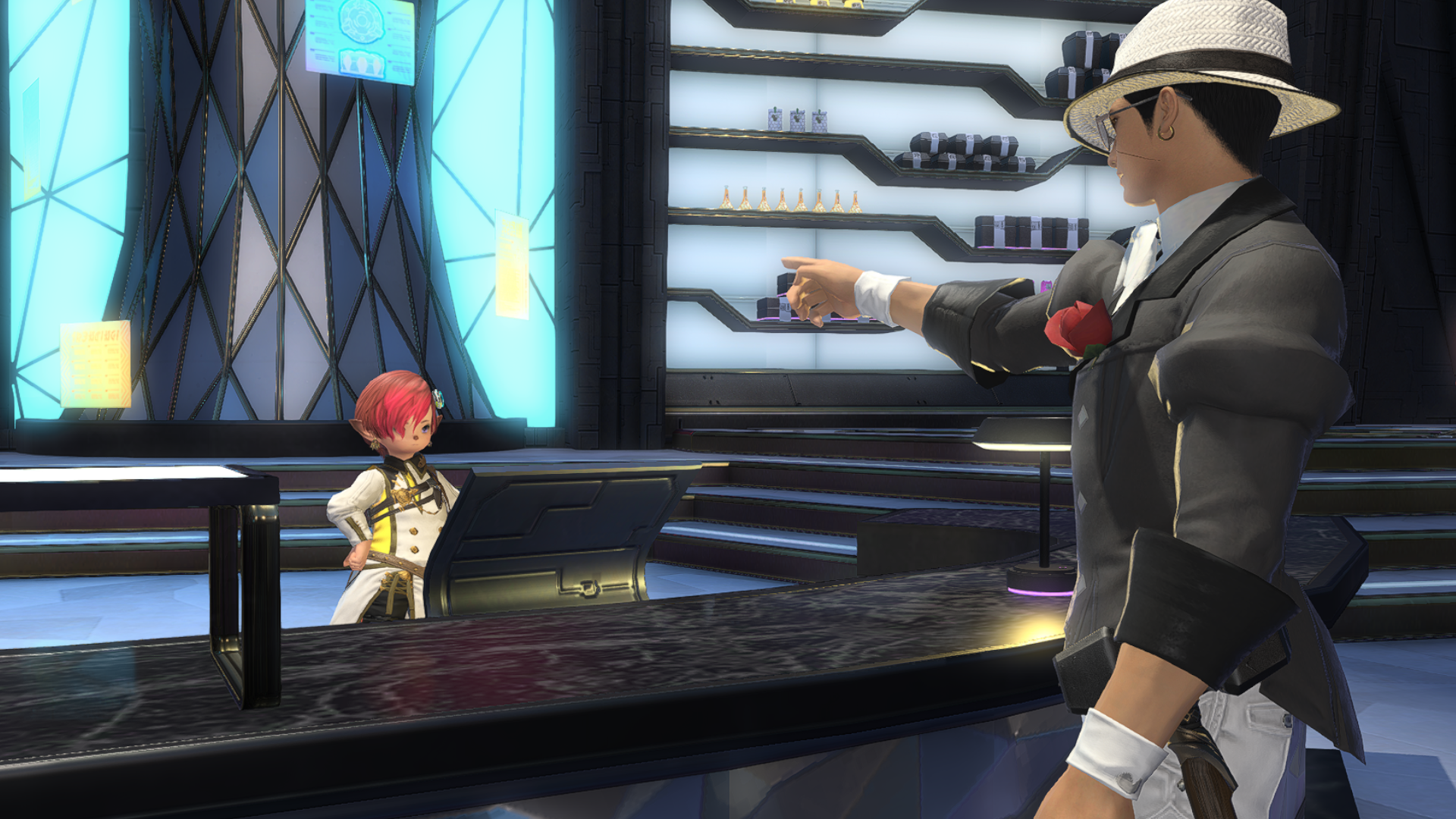 A crafter accosts a scrip vendor behind a counter in Final Fantasy 14, the two are surrounded by hi-tech scenery.