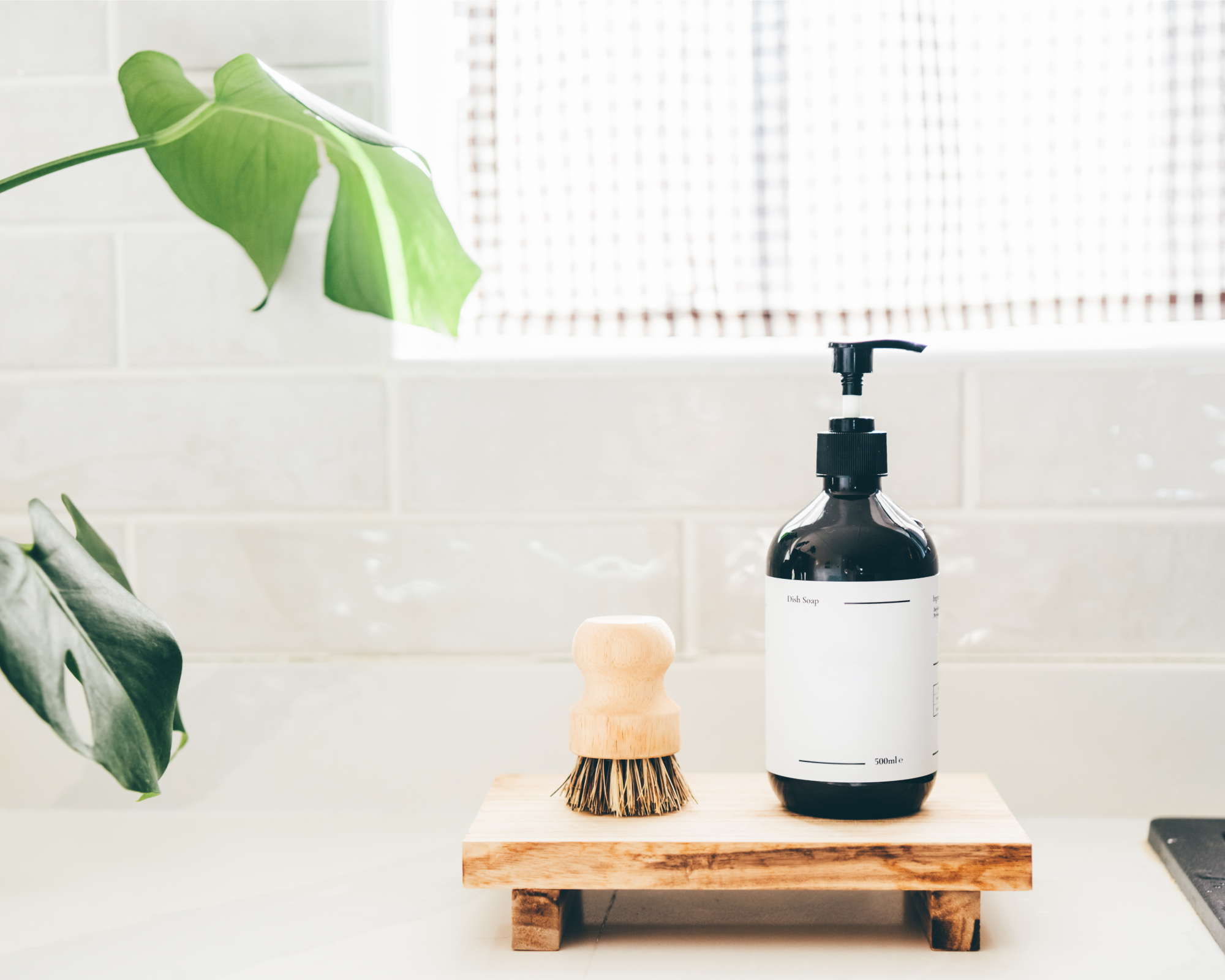Bottle of dish soap and brush