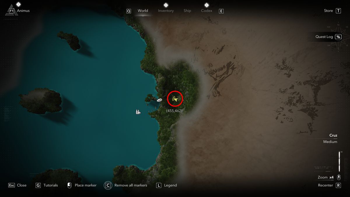 Black Flag treasure maps: A screenshot of the map with a red circle showing the location of the buried treasure chest in San Juan.