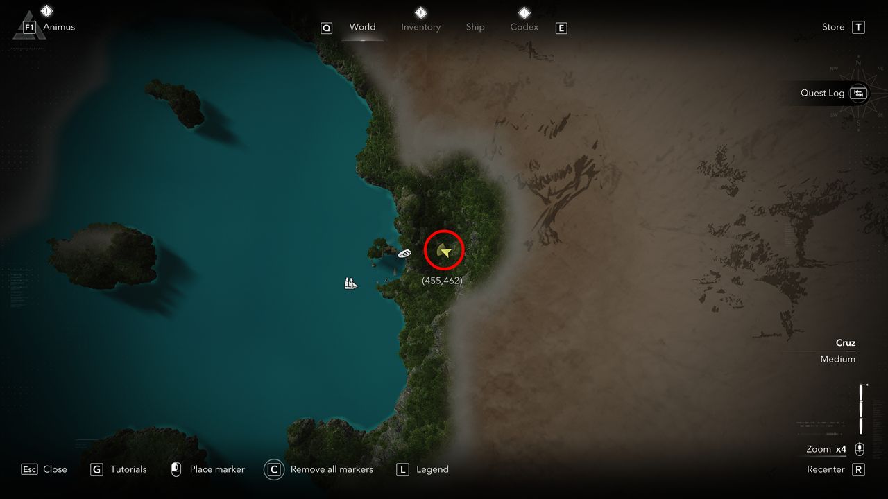 Black Flag treasure maps: A screenshot of the map with a red circle showing the location of the buried treasure chest in San Juan.
