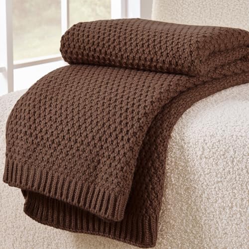 Onescosy Dark Brown Throw Blanket, Chocolate Knit Throw Blanket for Couch, Soft Cozy Warm Lightweight Decorative Reversible Moss Stitch Knitted Blankets for Bed, 50x60 Inches, Chocolate Brown