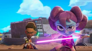 Two pint-sized cartoon figures with blazing lightsabers