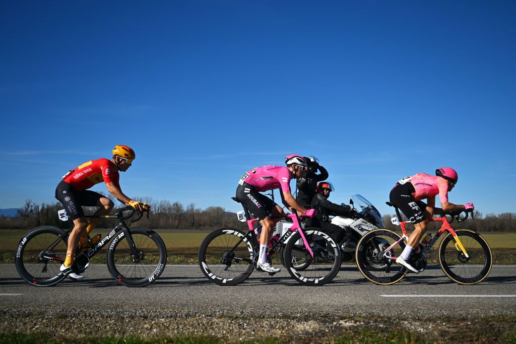 MEJANNESLECLAP FRANCE FEBRUARY 03 LR Jonas Iversby Hvideberg of Norway and Team UnoX Mobility Samuel Leroux of France and Team Van Rysel Roubaix and Stefan Bissegger of Switzerland and Team EF Education EasyPost compete in the breakaway during the 54th Etoile de Besseges Tour du Gard Stage 4 a 15848km stage from MejannesleClap to MejannesleClap on February 03 2024 in MejannesleClap France Photo by Luc ClaessenGetty Images